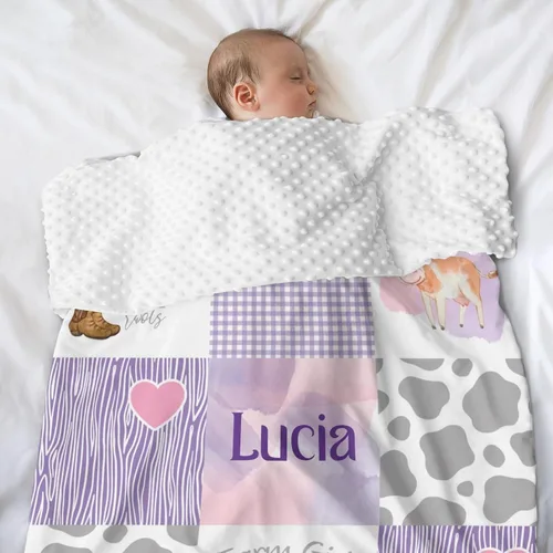 Vista 3 de Manta personalizada de bebé Minky de vaca pequeña, botas de granja, coche, manta personalizada para guardería, 35 x 46 pulgadas, para baby shower
