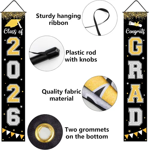 Vista 3 de Bandera de decoración de graduación 2025 GRAD Bandera negra para porche y puerta de bienvenida para pared interior y exterior, decoración