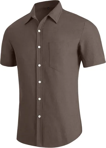 Vista 3 de YTD Camisa casual de lino con botones para hombre, camisa de playa de manga corta