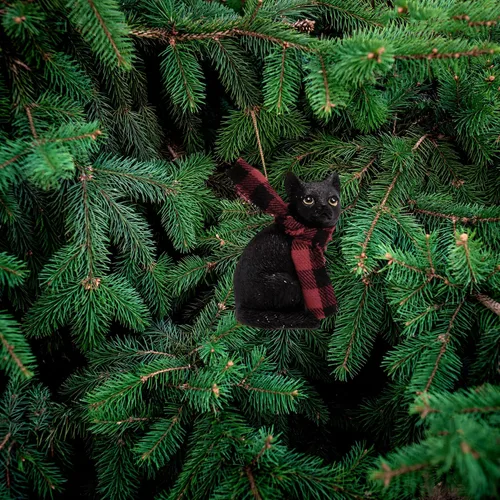Vista 5 de Gato negro con bufanda adorno de Navidad, decoración navideña, adorno colgante de árbol, 3 pulgadas