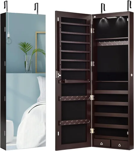 Vista 9 de Giantex Armario de joyería para puerta de pared con espejo de longitud completa, 2 LED con cerradura grande organizador de joyas con espejo ancho