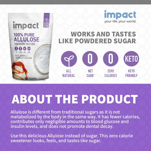 Vista 4 de Impact - Sustituto de azúcar edulcorante de alulosa pura, mezcla cero calorías, bajo en carbohidratos, para café, té, hornear, indulgencia sin culpa
