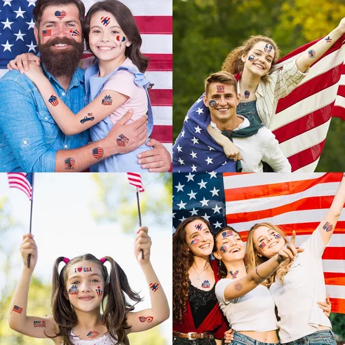 Vista 3 de Trajes para mujer del 4 de julio, paquete de 120 tatuajes patrióticos de bandera de Estados Unidos, color rojo, blanco y azul, suministros
