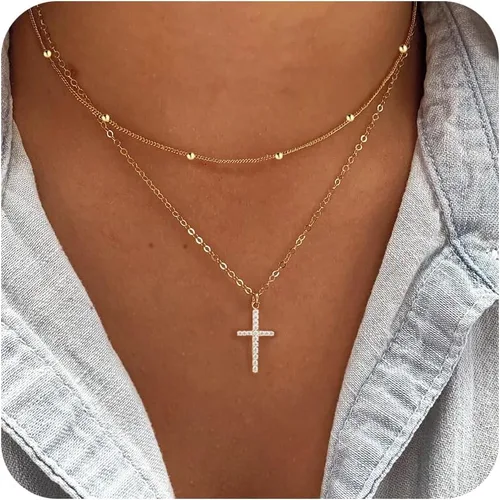 Vista 59 de Collar de cruz para mujeres y niñas, delicado chapado en oro de 14 quilates, gargantilla con dije de cruz que no se deslustra, impermeable, moderno