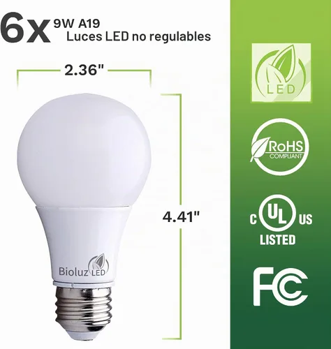 Vista 5 de Bioluz LED Luces para dormitorio, equivalentes a bombillas LED de 60 W, 2700 K blanco cálido, bombillas LED A19 no regulables de 9 W, bombilla LED