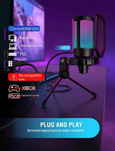 Vista 7 de FIFINE AmpliGame A6V Micrófono USB para juegos, micrófono condensador RGB para transmisión Quick Mute, RGB, Gain Control, Tripod Stand, Pop