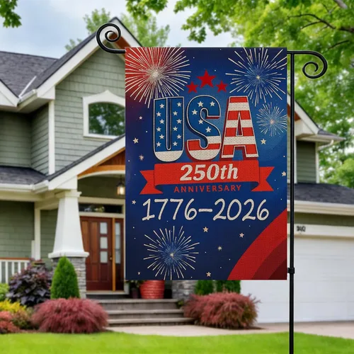 Vista 2 de Bandera de jardín de 250 años de Estados Unidos, pancarta de 250 aniversario con diseño de fuegos artificiales, letrero patriótico del 4 de julio