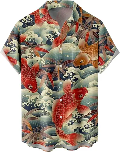 Vista 18 de Camisas tropicales con botones para hombre, camisas hawaianas de manga corta, casuales para vacaciones, camisas de playa holgadas Beige-playa escena