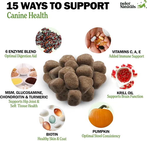 Vista 2 de Deley Naturals Multivitamínico 15 en 1 para perros, vitaminas y suplementos completos para perros para apoyo inmunológico, articulaciones, piel