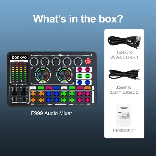 Vista 8 de Mezclador de Audio Profesional, Tarjeta de Sonido en Vivo F999 con Mezclador DJ para Transmisión/Podcast/Juegos, Equipo Profesional de Estudio