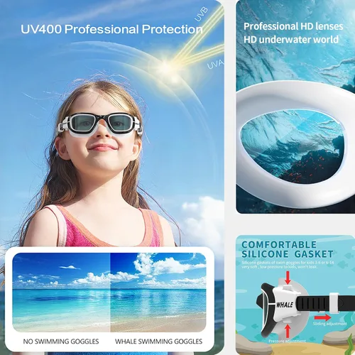 Vista 4 de Whale Gafas de natación A2 GE patentadas y polarizadas mejoradas, antivaho, anti-UV, para adultos, hombres, mujeres y jóvenes