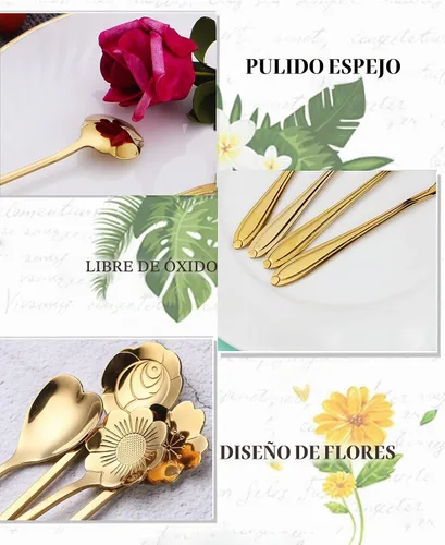 Vista 5 de Juego de 9 cucharas de café con diseño de flores, cucharas de té de acero inoxidable para decoraciones de fiesta de té (dorado)