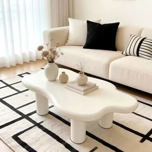 Vista 21 de Mesa de centro Cloud de 47.2 pulgadas con 3 patas de bola, moderna mesa central irregular para sala de estar, mesa de té pequeña baja y bonita