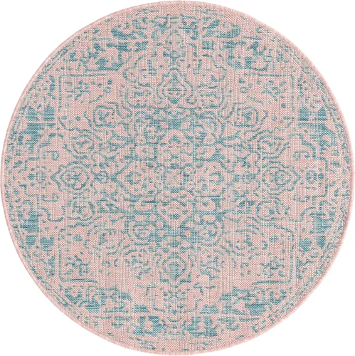 Vista 2 de Unique Loom Jill Zarin Jill Zarin Outdoor Collection - Alfombra Dubái (3 pies 3 pulgadas, redonda, rosa y aguamarina/azul claro)