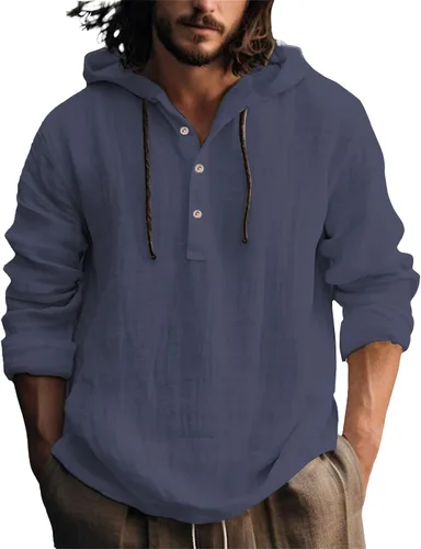 Vista 32 de Camisas de lino para hombre, ligeras, con botones, de manga larga, con capucha, ajuste regular, de algodón, para la playa