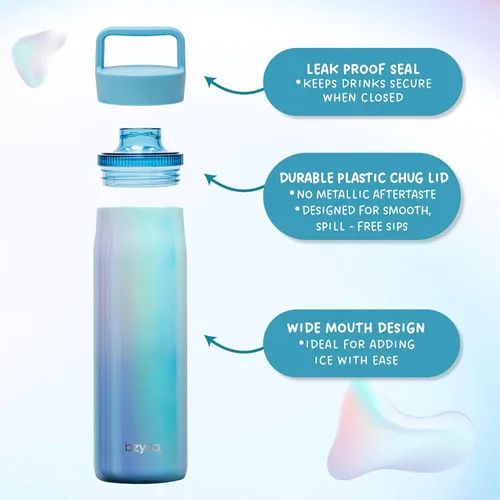 Vista 6 de bzyoo Botella de agua aislada de 24 onzas con tapa transparente para beber – Botella de acero inoxidable 100% a prueba de fugas, azul iridiscente