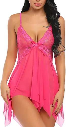 Vista 2 de Babydoll - Lencería de peluche para mujer, sexy, con abertura, malla, encaje, exótico, travieso, con tanga, lencería para mujer