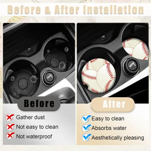 Vista 4 de Posavasos de béisbol para portavasos de automóvil de cerámica absorbente, paquete de 2 unidades, antideslizantes, accesorios interiores de automóvil
