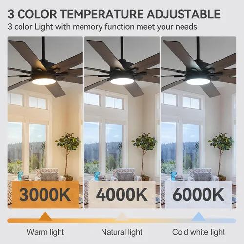 Vista 4 de Ventiladores de techo de 72 pulgadas con control remoto de luces LED, 8 aspas industriales de doble color, ventilador de techo grande con motor