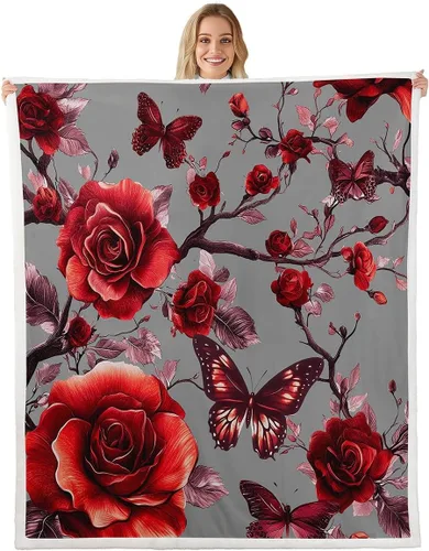 Vista 10 de Manta de franela azul rosa para todas las estaciones, manta de cama gótica de mariposa para decoración del hogar kawaii, manta rústica con flores