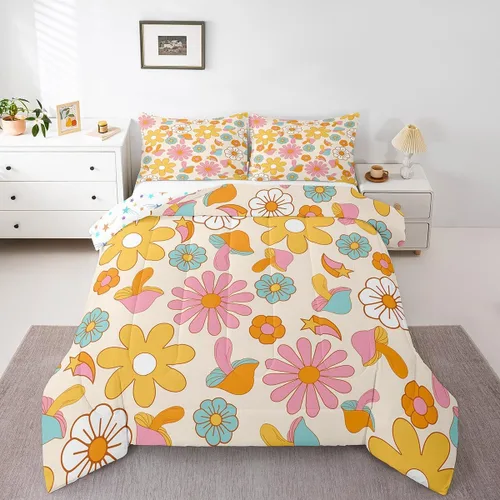 Vista 10 de Feelyou Juego de edredón retro de flores hippie para niñas y niños, tamaño individual, bonito edredón decorativo de hongos para habitación, 60S