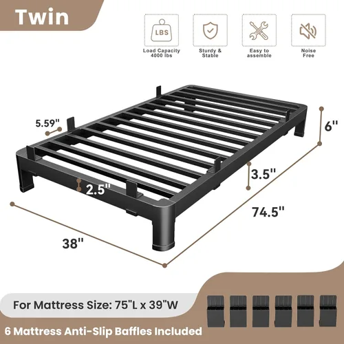 Vista 53 de MAF - Base de cama de plataforma de 14 pulgadas para cama individual con listones de madera, base de cama de metal resistente de 3500 libras