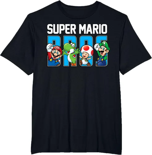 Vista 38 de Super Mario Bros Characters Letter Fill Graphic T-Shirt Camiseta, Negro