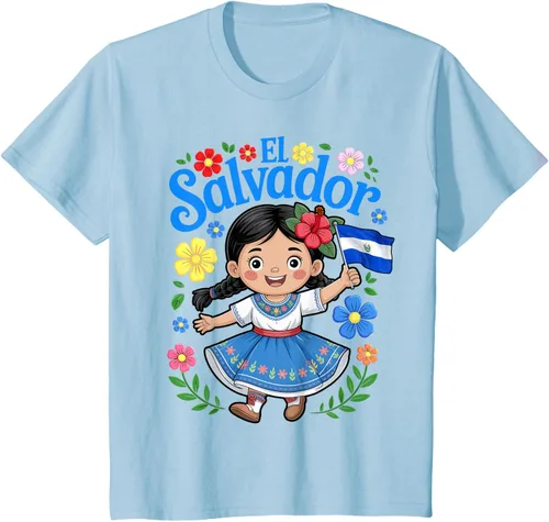 Vista 9 de Camiseta de estilo tradicional floral para niña con la bandera de El Salvador