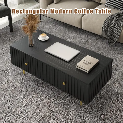 Vista 6 de HedoAjim Mesa de centro moderna con almacenamiento con 2 cajones grandes, mesa auxiliar rectangular negra para sala de estar, mesa de té acanalada