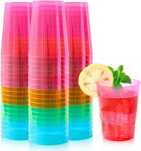 Vista 10 de 250 vasos desechables de plástico, vasos de fiesta multicolor neón de 1 onza, vasos desechables de plástico duro para margarita, whisky