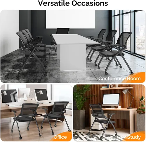 Vista 5 de Karl home Silla de oficina plegable ergonómica con cojín grueso, cómoda silla de oficina plegable con brazos y ruedas para reuniones de oficina