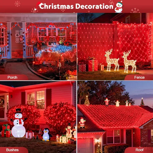 Vista 3 de JMEXSUSS 200 luces LED rojas de red de Navidad, 9.8 pies x 6.6 pies, luces de arbusto de Navidad conectables con control remoto, 8 modos de enchufe
