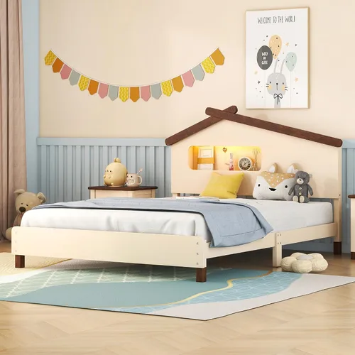 Vista 11 de Quarte Cama de suelo de madera de tamaño individual con cabecera en forma de casa, marco de cama de plataforma de madera para dormitorio,