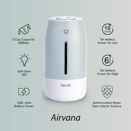 Vista 4 de Aqua Glo Humidificador personal - Niebla fría ultrasónica, batería recargable para 15 horas de uso, tanque de agua de 2 tazas, funcionamiento