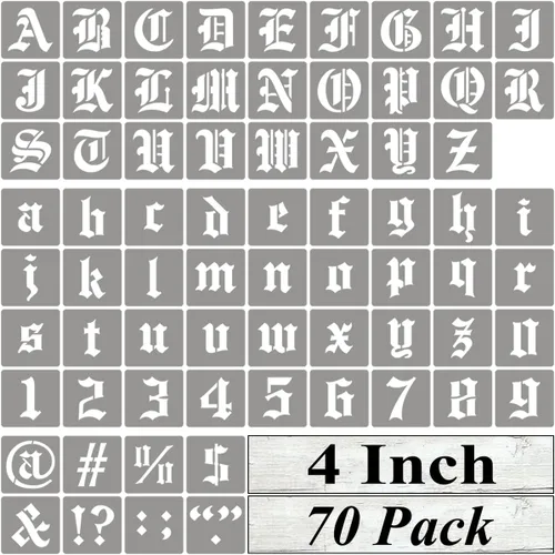 Vista 12 de Plantillas de letras del alfabeto de 1 pulgada para pintar, paquete de 70 plantillas de letras en inglés antiguo con números y letreros para pintar