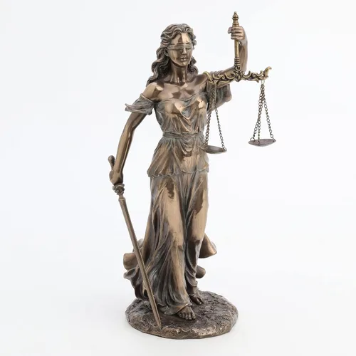 Vista 2 de Unicorn Studio 13 1/4" con los ojos vendados Lady Justice con espada y escultura de resina de escala con acabado de bronce