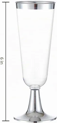 Vista 3 de N9R 24 copas de champán de plástico con borde plateado, copas de champán desechables transparentes de 5 onzas, perfectas para brindis de bodas