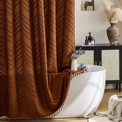 Vista 37 de Cortina de ducha Siiluminisoy de 36x72 beige, cortina de ducha de tela de tamaño pequeño, cortinas de ducha de tela con tufting, diseño chevron a