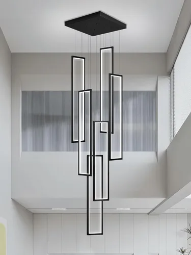 Vista 24 de Flashing God Candelabro moderno, candelabros cromados con 6 anillos LED, lámpara de techo alto más grande para sala de estar, lámpara rectangular
