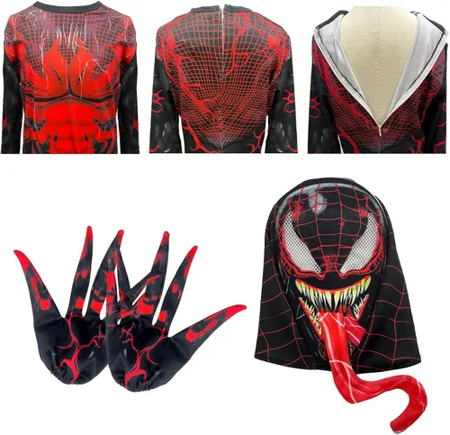 Vista 5 de PUNKSUIT Disfraz de superhéroe para niños, overol de cosplay de Halloween, enterizo de elastano 3D con máscara de lengua, guantes