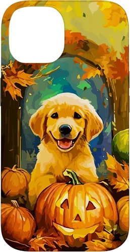Vista 4 de Cute Golden Retriever Fall Pumpkin Autumn Leaves Halloween Case for iPhone 16