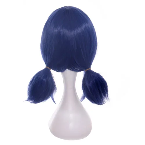 Vista 3 de DAZCOS Peluca de cosplay de anime para niñas y mujeres, cabello azul con parche y corbatines