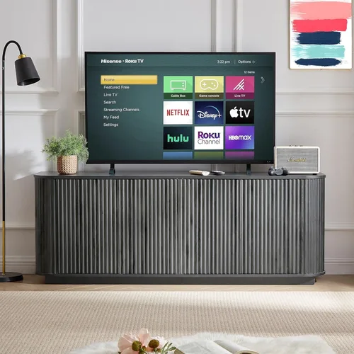 Vista 7 de Aparador de buffet de 64 pulgadas con almacenamiento, moderna credenza acanalada con estantes ajustables, mesa consola de barra de café de madera