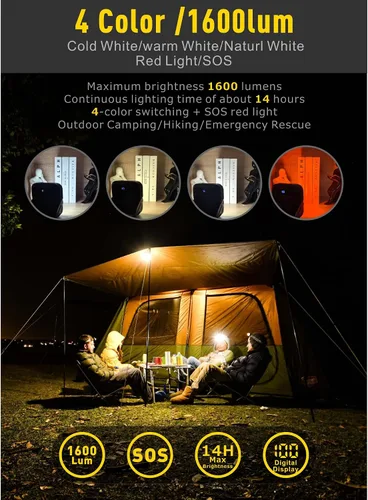 Vista 6 de Linterna de camping LED recargable de 20000mAh - 1600LM, QC3.0 22.5W, interruptor de 4 colores, IPX5 resistente al agua - Perfecta para acampar
