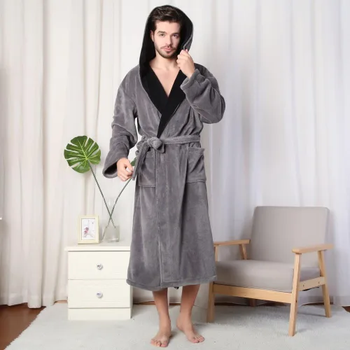 Vista 5 de KEMUSI Bata de baño de longitud completa suave con capucha para hombre, cómodo camisón cálido de longitud completa