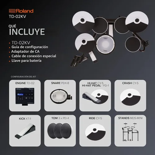 Vista 7 de Roland TD-02KV V-Drums Batería electrónica con capacidad de ejecución expresiva, características de reducción de ruido, redoblante con parche