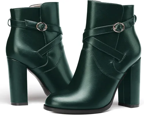 Vista 6 de WAYDERNS Botas altas de tacón alto de tacón alto con hebilla sólida para mujer, punta redonda mate, 4 pulgadas