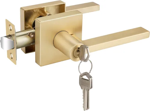 Vista 24 de EHOMEWARE Juego de manijas dobles para puerta delantera, paquete de 1 manija de puerta cuadrada de latón satinado, combinación de perilla de puerta