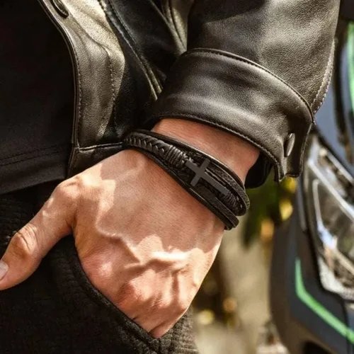 Vista 8 de Pulsera trenzada marrón casual de cuero negro para hombre