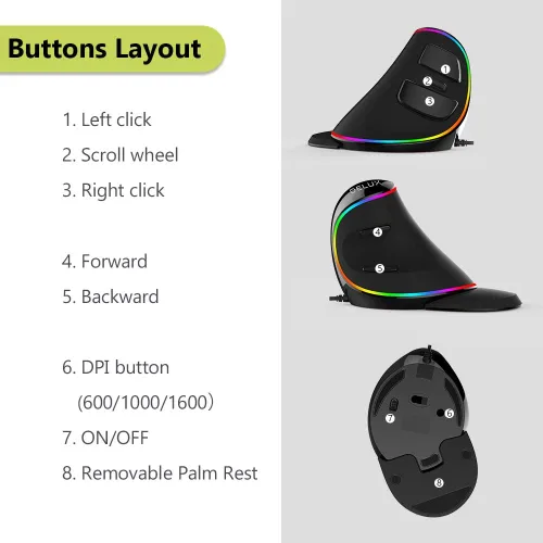 Vista 4 de DeLUX Ratón vertical con cable M618PLUS RGB y RGB Mousepad GP003